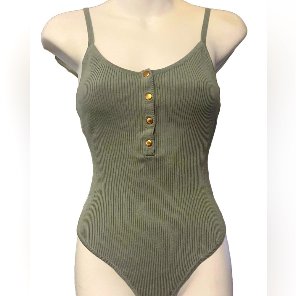 Green bodysuit thin straps and gold buttons